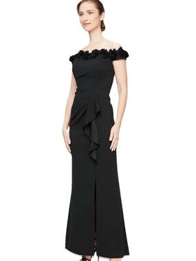 Jeanne Alexander By Alex Evenings  Size 6 Black Off The Shoulder Dress 3D Flower